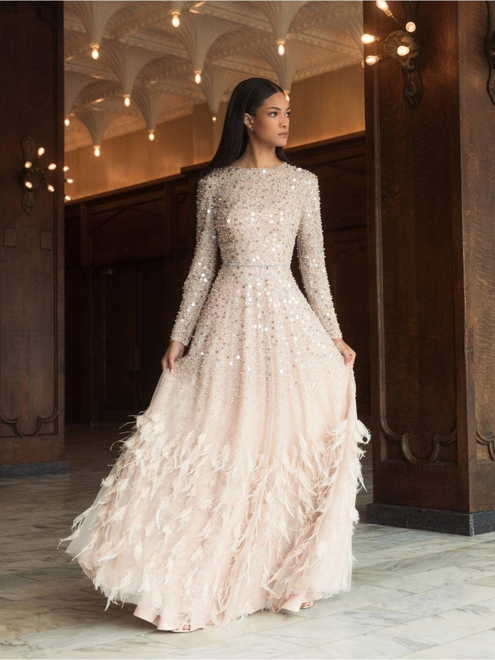 Mac Duggal 11782 Pink Disc Embellished Sequin Gown with Feather Detail Sz 6 NWT